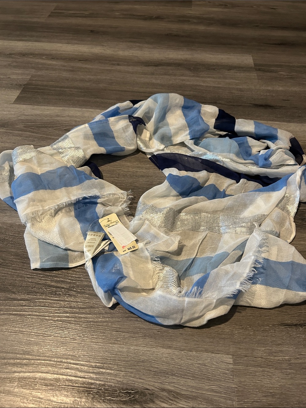 Tommy Bahama Blue and White Striped Scarf with Silver Sequin Detail